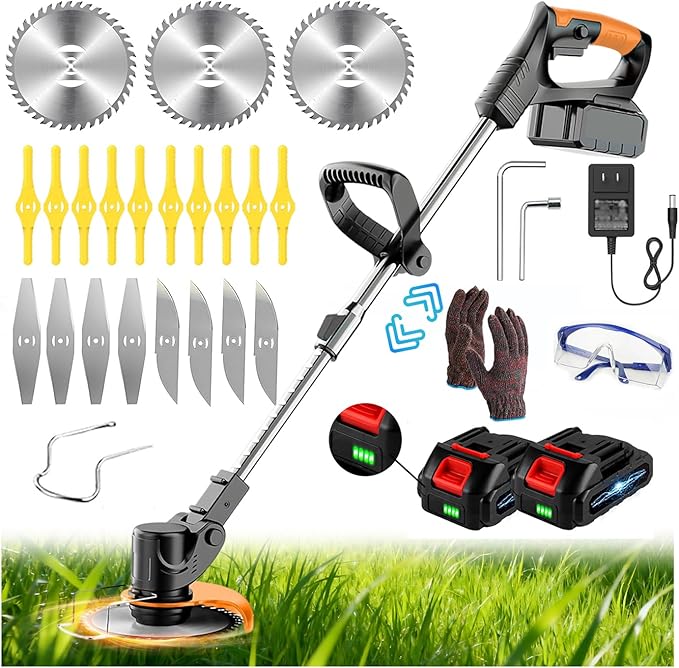 Electric Cordless Weed Wacker, 21V Electric Weed Wacker Eater with Battery Charger, 3 in 1 Grass Trimmer with 4 Types Blade, Lightweight Adjustable Design for Lawn, Yard