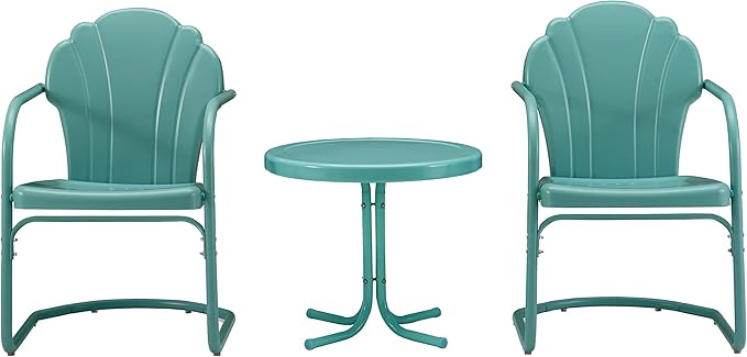 Crosley Furniture Tulip 3-Piece Outdoor Chair and Side Table Set, Retro Metal Patio Conversation Sets, Blue
