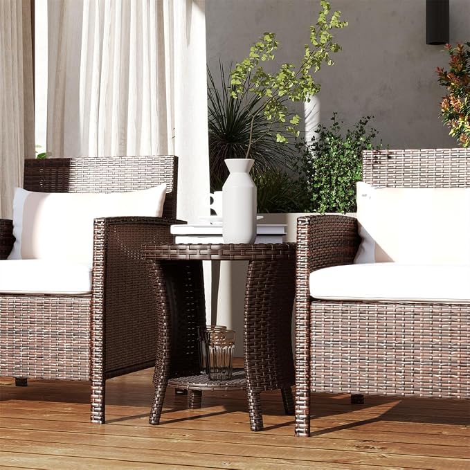 Outdoor Rattan Side Table with 2-Tier Storage, 18.1" Hourglass Shape Outdoor End Table, PE Wicker Bistro Coffee Table with Wood-Plastic Composite Top for Patio Garden Balcony, Brown