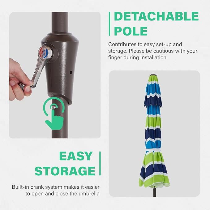 JEAREY 9' 2-Tiers Patio Umbrellas Outdoor Market Table Umbrella w/Push Button Tilt/Crank, 8 Sturdy Ribs, UV Protection Waterproof Sunproof(Bold Blue-Green Stripe)
