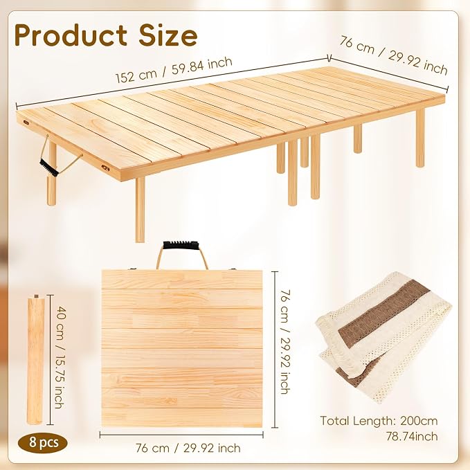 60"x30" Low Folding Picnic Table, Portable Boho Floor Table with Tablecloth, Ideal for Camping, Wedding, Beach, Garden, Party