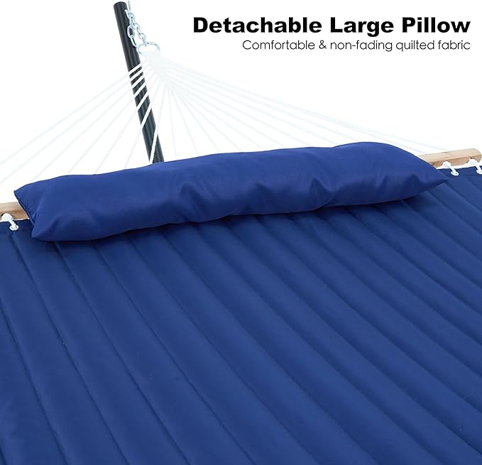 2 Person Hammock with Stand for Outside, Heavy Duty Steel Stand, Double 55inch Hammocks, Large Removable Pillow, Storage Bags, Max 475 lbs Capacity (Blue)