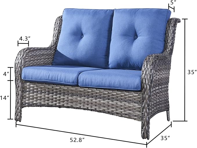 Rilyson Outdoor Loveseat Wicker Patio Sofa - 2-Seat Rattan Outdoor Couch Patio Furniture with Deep Seating and Comfortable Cushions for Outside Porch Deck Balcony(Mixed Grey/Blue)