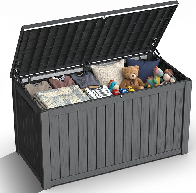 200 Gallon Deck Box, Extra Large Waterproof Outdoor Storage Box with Hydraulic Rod, Weatherproof Resin, Lockable Wood-grain Finish Container for Patio Furniture, Garden, Pool and Garage (Black)