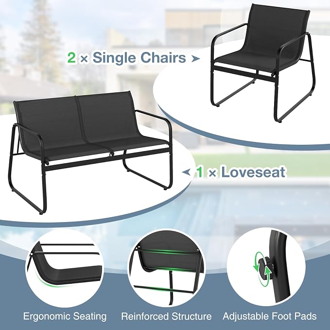 HAPPYGRILL 8 Pieces Patio Conversation Set, Fabric Lawn Chairs and Loveseat with Tempered Glass Coffee Table, Heavy Duty Metal Frame, Outdoor Furniture Set for Porch, Garden and Poolside