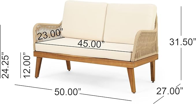 4-Pieces Acacia Wood Patio Furniture Set, All-Weather Outdoor Patio Conversation Set with Coffee Table and Soft Cushions, Rope Weave Porch Chairs for Garden Backyard Porch Balcony