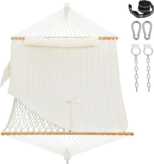 Lazy Daze Hammocks Rope Hammock with Pad, Spreader Bar, Carabiners, Tree Straps, Chains for Outside Patio- Max 450 Lbs, Cream