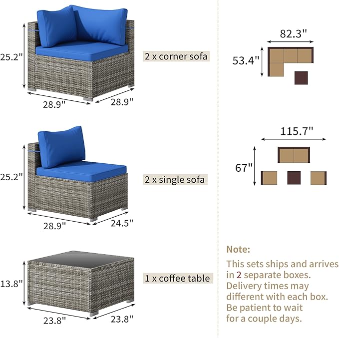 5 Piece Patio Furniture Set, Outdoor Wicker Patio Sofa Set, PE Rattan Sectional Couch with Glass Table and Blue Cushions, All-Weather 5 Piece Outdoor Patio Furniture Sets, Grey