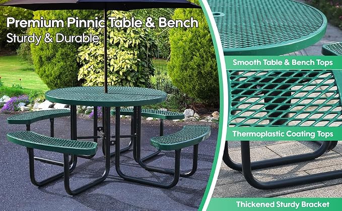 46 Inch Round Outdoor Metal Picnic Table, All-Weather Patio Dining Set for 6-8 Adults, Heavy Duty Steel with Central Umbrella Hole, Perfect for Garden, Backyard, Deck & Small Spaces - Easy Assembly