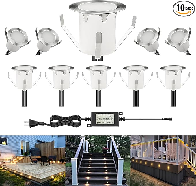 LED Outdoor Deck Lights Kits, Φ1.18in Warm White 10 Pack Silver, Low Voltage 12V DC IP67 Waterproof, Electric Wired Recessed Exterior Stair Step Riser Landscape Lighting for Outside Floor Yard