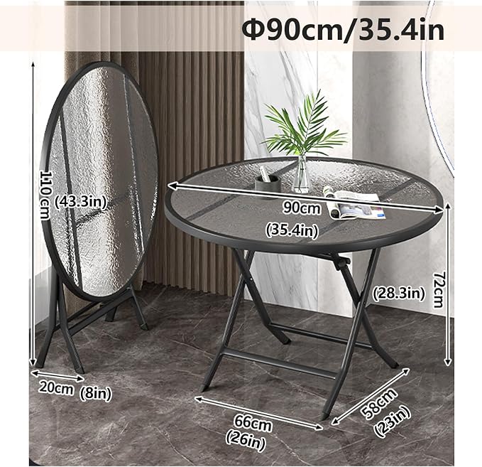 Folding Glass Outdoor Side Table, Patio Coffee Table, Weather Resistant Outdoor Round End Table, Portable Indoor Outdoor Glass Table, Modern Round Folding Dining Table, Space Saving Dining Table
