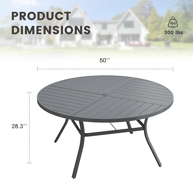 50" Outdoor Dining Table with Adjustable Umbrella Hole, Metal Slatted Round Patio Dining Table for Backyard Garden Deck, Dark Grey