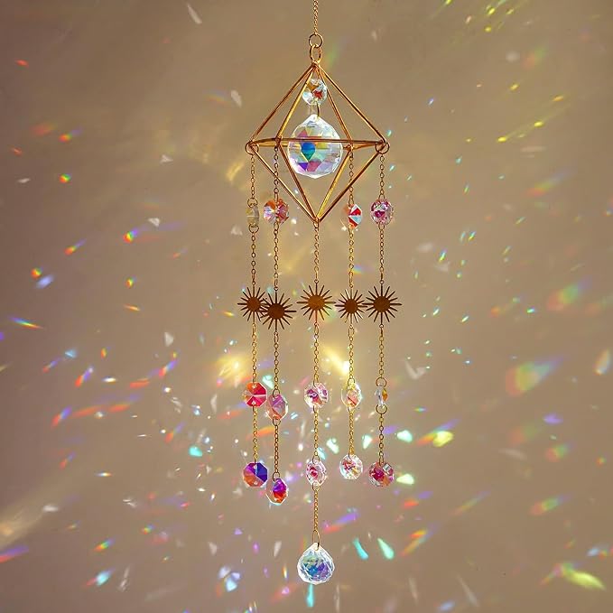 17''Crystal Prisms Suncatcher for Window Hanging Sun Catcher Indoor Window | Small Gold-Plated,Crystal Wind Chimes,Rainbow Maker,Whimsical Decor,Home Garden Christmas Tree Decoration,gift For Women Mom