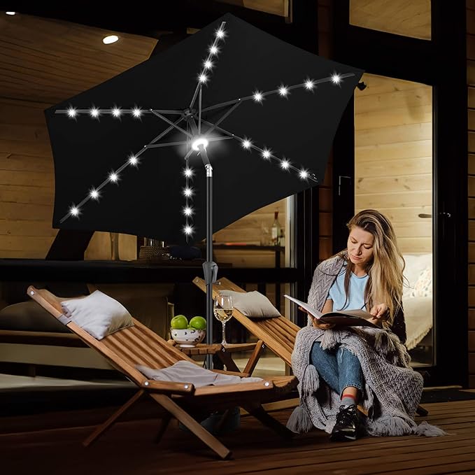FLAME&SHADE 7.5 FT Solar Light Patio Umbrella, 24 LED Lights Outdoor Umbrella with Centre Surround Light, Table Umbrella Outdoor Patio for Deck, Pool, Backyard, Garden, UV Protection (Black)