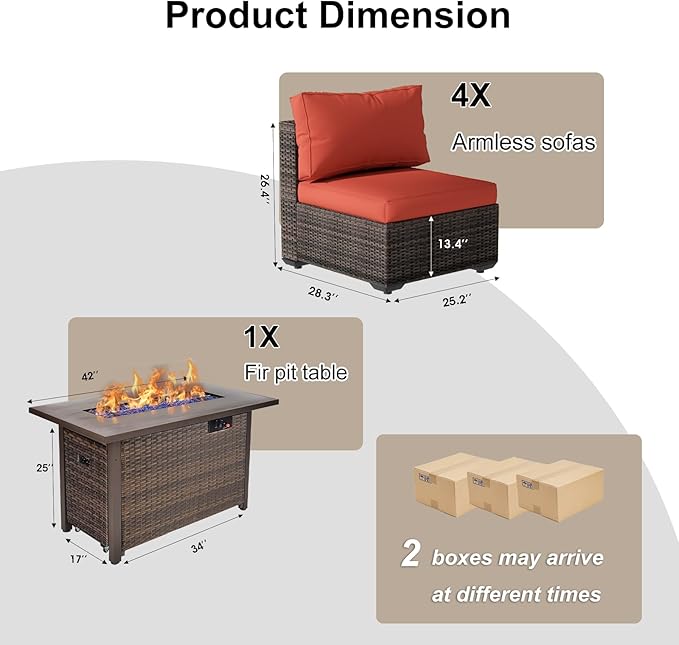 Patio Furniture Set 5 Pieces with 44" Fire Pit Table, Rattan Outdoor Sectional Conversation Sets, All Weather Outdoor Furniture Set with Cushions for Garden Lawn Balcony Porch Deck Red