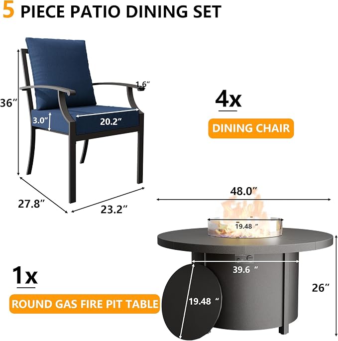 5 Piece Metal Outdoor Patio Furniture Set with 48" Round Propane Fire Pit, Outdoor Dining Table Set with 4 Fixed Chairs and 55000 BTU Outdoor Fire Pit, Navy