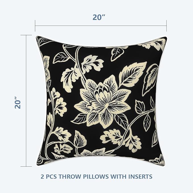 LVTXIII Outdoor Throw Pillows 20x20 Patio Waterproof Square Pillows with Piping Fade Resistant Accent Pillow for Spring Summer Garden Decoration, Set of 2, Elegant Vines Black
