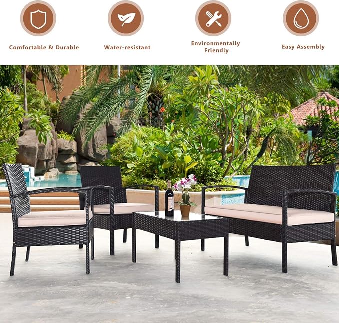 Tangkula 4 Piece Rattan Patio Furniture Set, All Weather Heavy Duty Wicker Outdoor Conversation Set, Includes Loveseat Bench, Single Chairs and Coffee Table, for Porch, Backyard, Garden, Poolside (1)