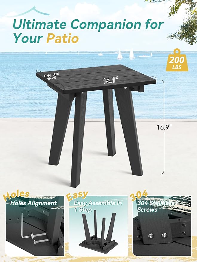 Outdoor Side Table, HDPE Weather Resistant Small Patio Table for Porch and Balcony, 200 LBS Capacity Heavy Duty Small Outdoor Table for Backyard and Pool, Easy Maintenance, Black