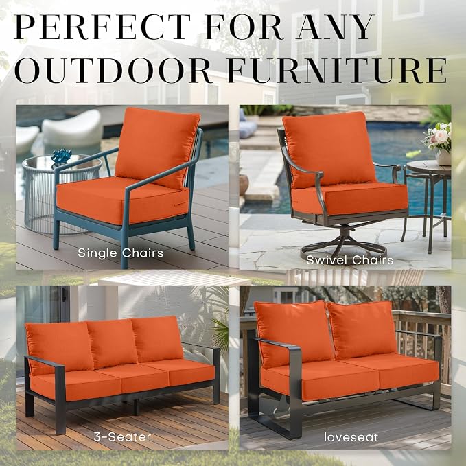 Luxury 24*24*6in Outdoor Patio Cushions, 6 Pieces Orange Outdoor Cushion | 6in Outdoor Patio Cushions, Water-Resistant, Reversible, Removable Cover, for Patio Chairs Sofa Couch Loveseat