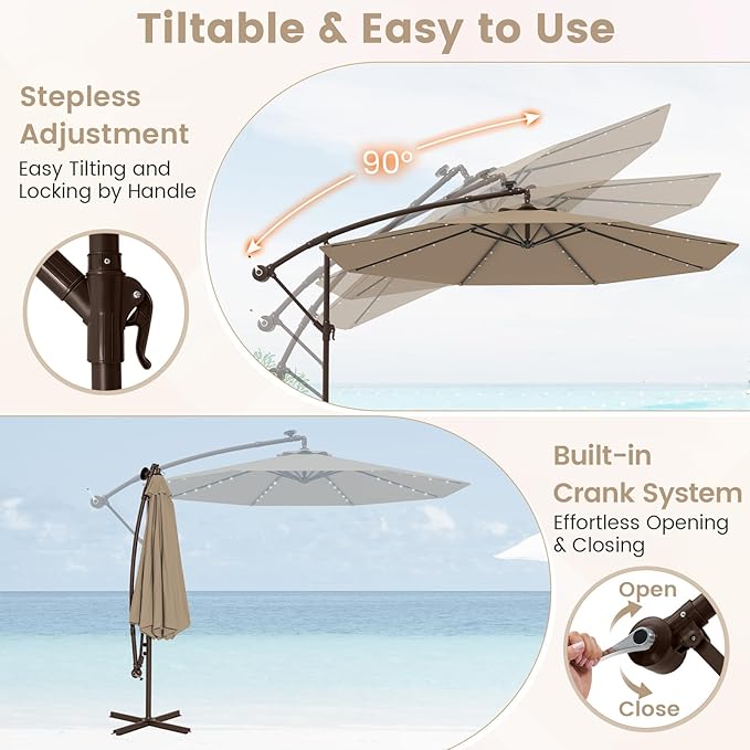 Tangkula 10FT Offset Patio Umbrella with Base Included, Outdoor Cantilever Umbrella with 40 Solar LED Lights, Tilt Adjustment, Crank Handle, Vented Top, Sand Bags for Pool Yard Deck (Tan)