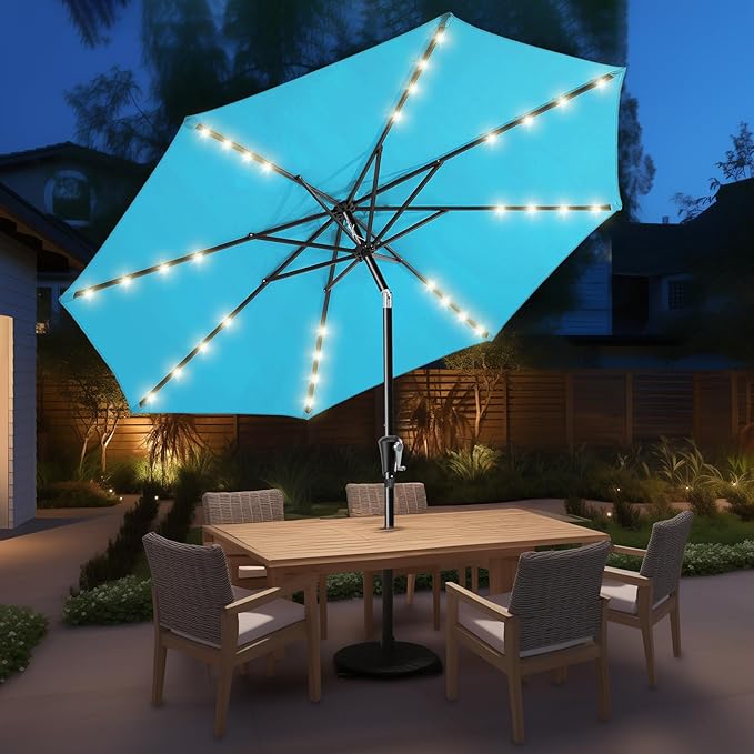 HOMSHADE 9ft Solar Patio Umbrella - Solar Lights LED Lighted Outdoor Market Table Umbrella, UPF50+ UV Protection with Push Button Tilt, Crank for Pool Deck and Garden (Light Blue)