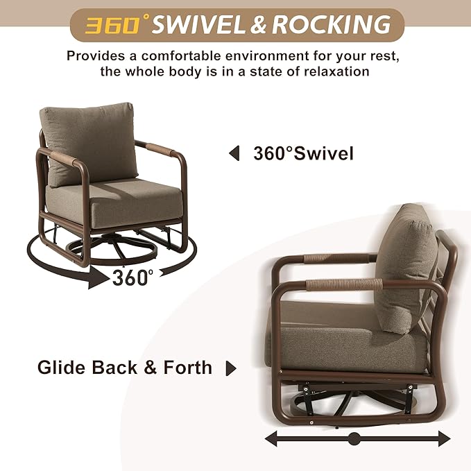 Outdoor Aluminum Patio Furniture Set, 5-Seats Patio Conversation Sofa Set with 2 Swivel Rocking Chairs and Oversized Fire Pit Table w/Glass Wind Guard, All Weather for Balcony, Garden-Brown