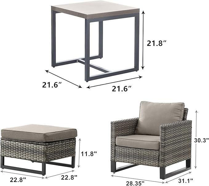 Wicker Outdoor Patio Furniture Set - 5 Piece Patio Conversation Set with 2 Wicker Armrest Chairs,2 Rattan Ottoman and 1 Metal Side Table for Outside Porch Deck Backyard Garden(Mixed Grey/Grey)