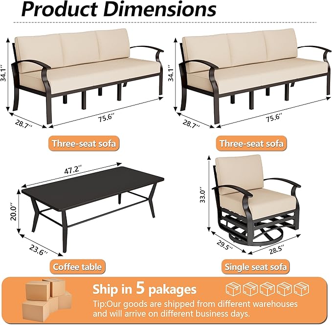 Aluminum Patio Furniture Set with Coffee Table,8 Seats Metal Modern Outdoor Furniture w/5.1" Thick Cushions,Patio Sectional w/Swivel Chairs for Patio,Backyard,Sand