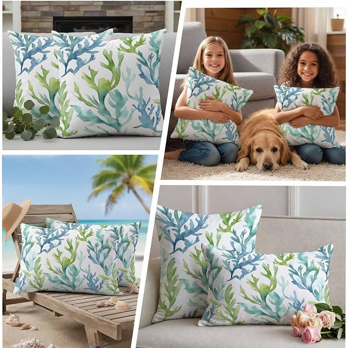 JasmineM Outdoor Pillow Cover 16x16 Inches Set of 2 Blue Teal Coral Waterproof Throw Pillow Covers Watercolor Green Decorative Pillowcases Garden Cushion Case for Patio Couch Sofa
