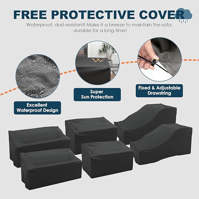 Patio Furniture Set, 6 Pieces Outdoor Sectional Sofa Conversation Sets Modern Wicker Seating Set, 4'' Thickened Cushions 1 Glass Coffee Table for Backyard Poolside, Navy Blue