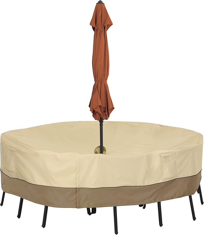 Classic Accessories 55-461-031501-00 Veranda Water-Resistant 70 Inch Round Patio Table & Chair Set Cover with Umbrella Hole,Pebble,Medium, Outdoor Table Cover