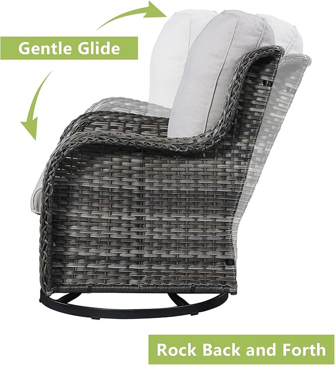 Rilyson Wicker Rocking Chair Swivel Chairs - 3 PC Rocker Patio Furniture Set Rattan Rocking Bistro Sets with Glass Top Side Table for Outdoor Porch Deck Garden Backyard (Mixed Grey/Beige)