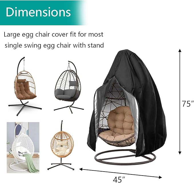 【Upgraded】Patio Egg Chair Covers with Zipper, Wicker Egg Swing Chair Covers, Waterproof Heavy Duty Weather Resisatnt Outdoor Chair Cover, Windproof Hanging Chair Cover, 75" x 45", Black, 2 Pack