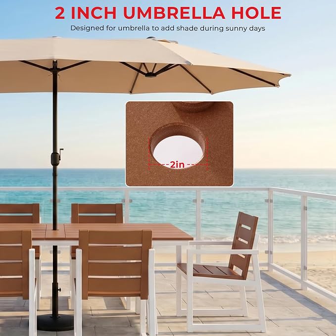 Costaelm Outdoor Dining Tables for Patio, 72" Rectangle 6-Person HDPE Dining Table with Umbrella Hole and Metal Frame for Outside, Garden, Poolside, Backyard, Porch, Balcony, Teak