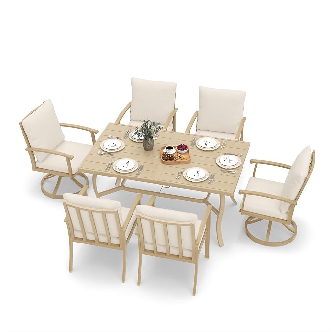 HAPPATIO 7 Piece Patio Dining Set, Aluminum Outdoor Dining Set for 6, Patio Furniture Sets, 2 Swivel Dining Chairs, 4 Dining Chairs, Aluminum Furniture Set for Patio, Yard (Beige)