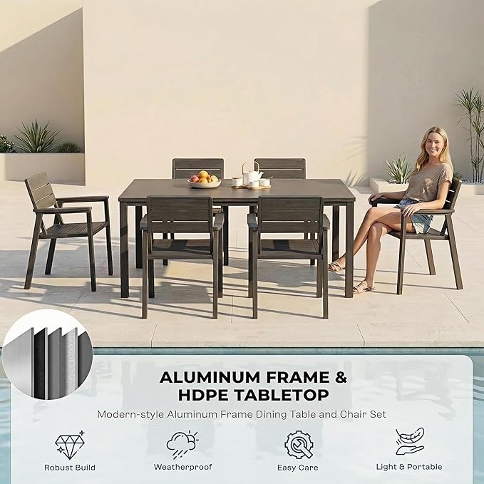 Kingdura 7 Piece Patio Dining Set for 6, HDPE & Aluminum Outdoor Table & Chairs with Umbrella Hole, All-Weather Outdoor Furniture Patio Conversation Set for Lawn Pool Backyard, Grey