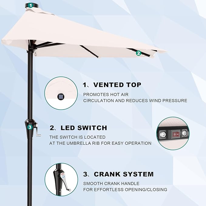 AreShark 9ft Patio Half Umbrellas with Solar Lights, 1/2 LED Half Outdoor Umbrella w/ 20 LED Lights, Lighted Table Wall Umbrella with Crank & 5 Sturdy Ribs for Market, Pool, Deck, Lawn and Garden, Cream White