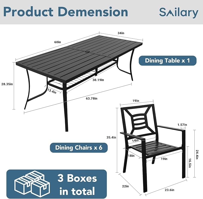 7 Pieces Patio Dining Set for 6, Large 60" Outdoor Metal Table with Universa Umbrella Hole & Stackable Iron Chairs, Patio Furniture Set for Deck, Backyard, Yard, Porch