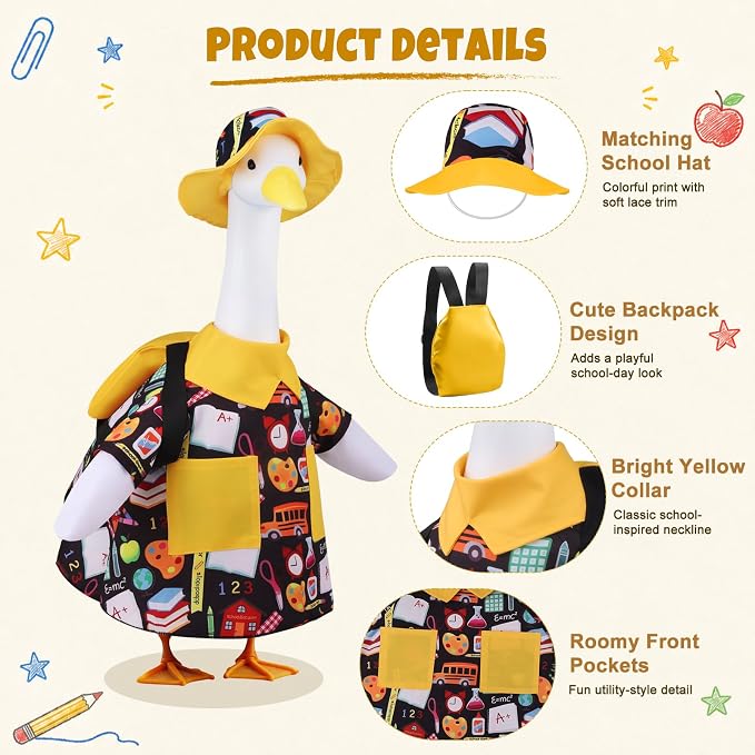 Back to School Porch Goose Outfits for 23" Cement Plastic Geese Statue | Goose Clothes for School Classroom Cement Goose Outdoor Garden Yard Decor