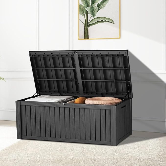 Outdoor Storage Box 185GAL Waterproof Resin Deck Box,Pool Accessories Supplies，UV-Resistant Lockable Package Delivery Bin for Garden Tools,Large Patio Outside Cushions,Chest,Furniture,Black