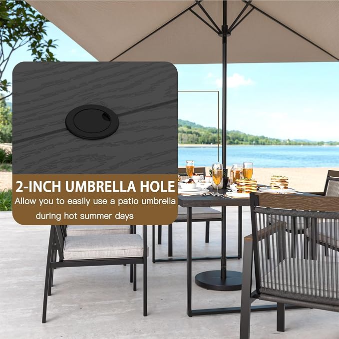7-Piece Patio Dining Table and Chair Sets, Outdoor Metal Dining Furniture Set with Umbrella Hole, 6pcs Patio Chairs with Cushions for Backyard, Deck