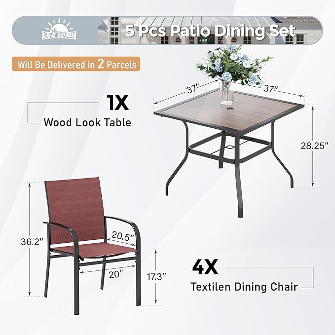SUNSHINE VALLEY 5 Piece Patio Dining Set for 4, 37'x37' Square Table with Umbrella Hole and 4 Metal Chairs, Outdoor Table and Chairs Set for Lawn, Backyard and Deck, Red