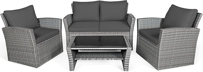 COSTWAY 4 Pieces Patio Rattan Furniture Set, Outdoor Wicker Sofa Set with Tempered Glass Coffee Table, Cushions, All Weather Rattan Conversation Set for Yard Balcony Backyard Pool (Grey)