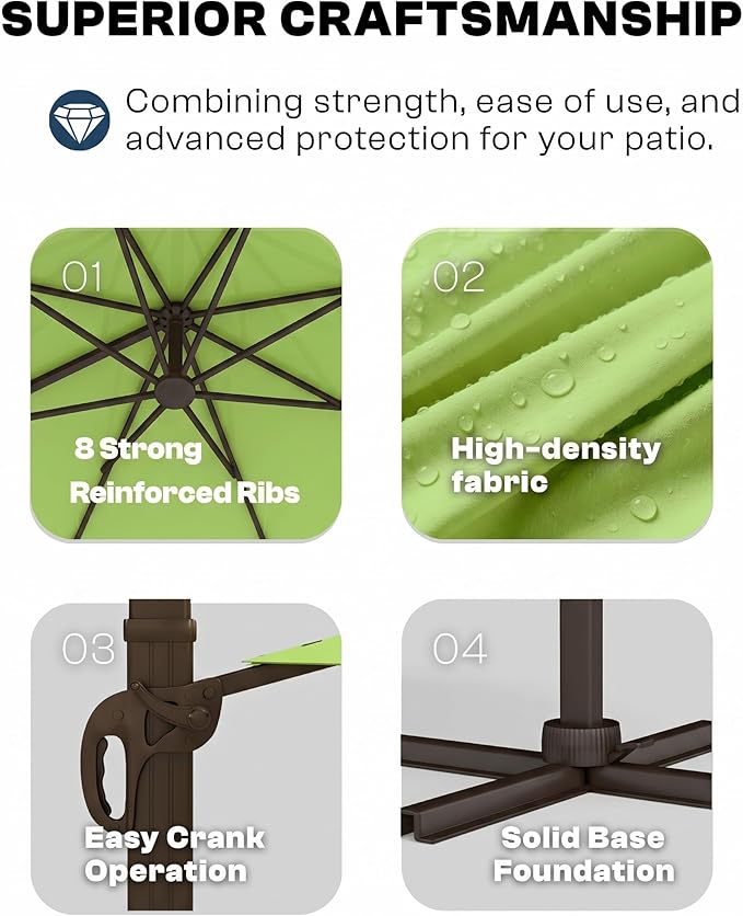 9x9 FT Square Cantilever Umbrella,Easy Tilt, Fade Resistant & 360° Rotation, Offset for Pool Deck Backyard Patioapple green (Base not Included)