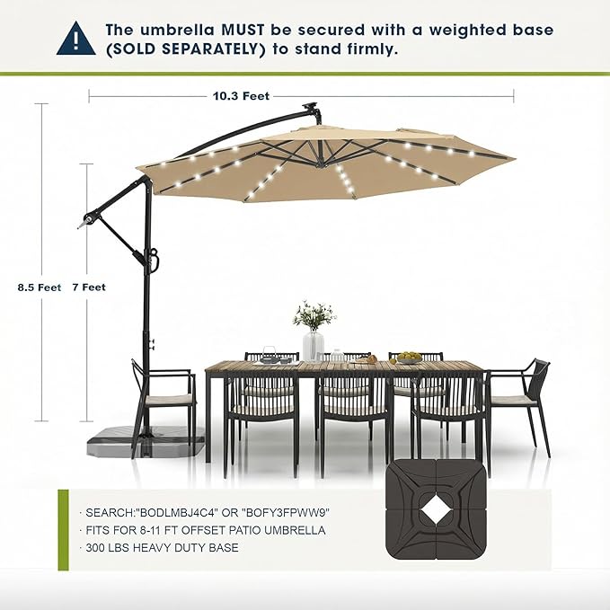 wikiwiki 10ft Solar LED Offset Patio Umbrella, Outdoor Cantilever Patio Umbrellas with Solor Lights for Backyard, Poolside and Garden, Easy Tilt Adjustment, 32 LED Lights & Polyester Shade, Tan
