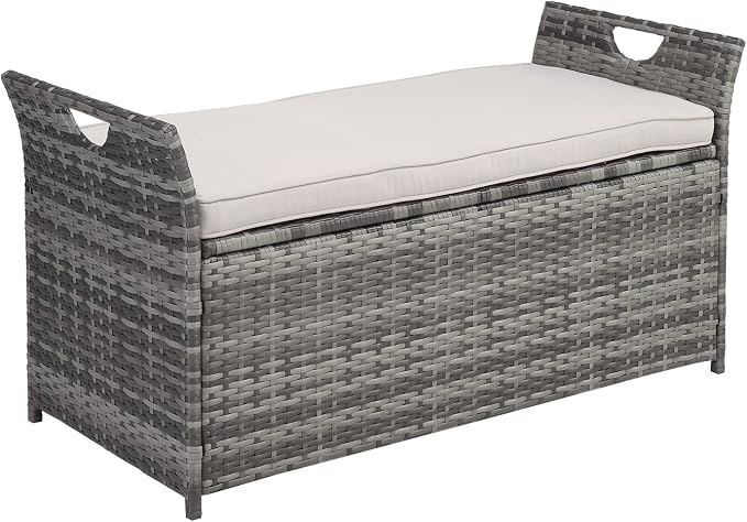 Outvita Outdoor Storage Box, Patio Rattan Storage Bench with Cushion for Backyard, Balcony, Poolside, Garden (Gray)