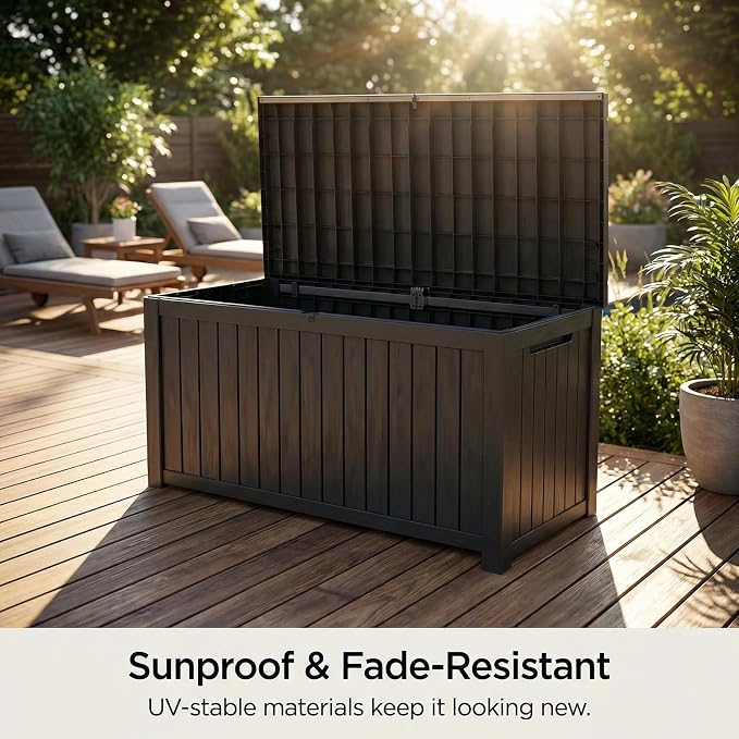 180 Gallon Outdoor Deck Boxes, IP68 Waterproof Outdoor Storage Box with Hydraulic Lid Support, Outside Resin Container for Furniture, Toy, Shoe, Garden & Patio Tools Storage -Black