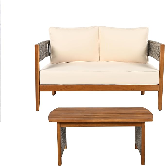 Christopher Knight Home Quixley Outdoor Acacia Wood Loveseat and Coffee Table Set with Cushions, Wooden Patio Conversation Set with 2 Seater Couch+Coffee Table, Chat Set for Balcony Garden, Teak+Beige