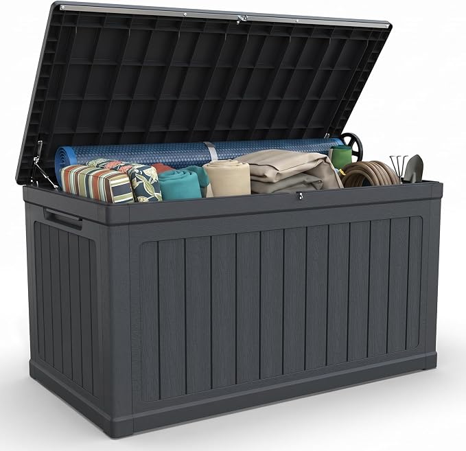 270 Gallon Deck Box, Lockable Waterproof Storage Box, Outdoor Storage Bin for Package Delivery, Patio Cushions, Gardening Tools，Pool Accessories and Sports Equipment (Black,270 Gallon)